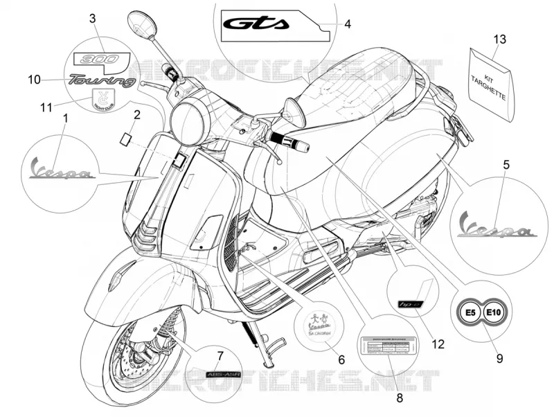 AUTOCOLLANTS - ETIQUETTES VESPA VESPA-SCOOTER 300 GTS 2019  GTS 300 HPE 4T/4V ie ABS Euro 4