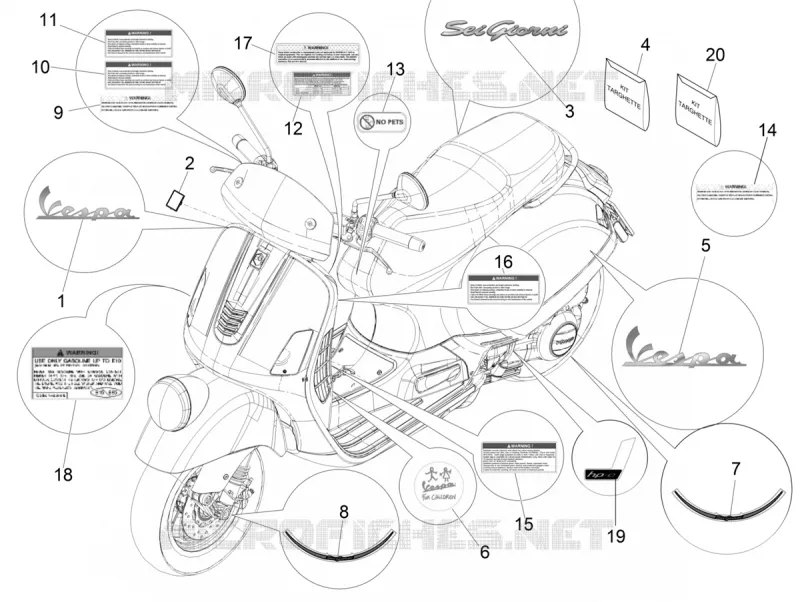 AUTOCOLLANTS - ETIQUETTES VESPA VESPA-SCOOTER 300 GTV 2019  GTV 300 HPE SEI GIORNI ie Euro 4 ABS