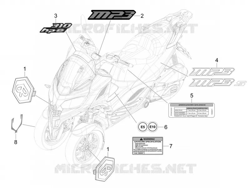 AUTOCOLLANTS - ETIQUETTES PIAGGIO PIAGGIO-SCOOTER 310 MP3 2024  MP3 310 hpe - 310 hpe Sport E5+