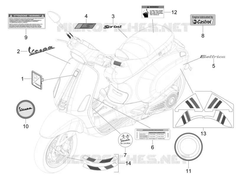 AUTOCOLLANTS - ETIQUETTES VESPA VESPA-SCOOTER ELECTRIC SPRINT 2023  Vespa Sprint Elettrica 45 Km/h